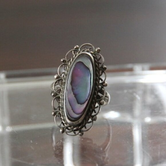 Abalone Mexico Silver Plate Filigree Ring Size 5.25 - Picture 2 of 10